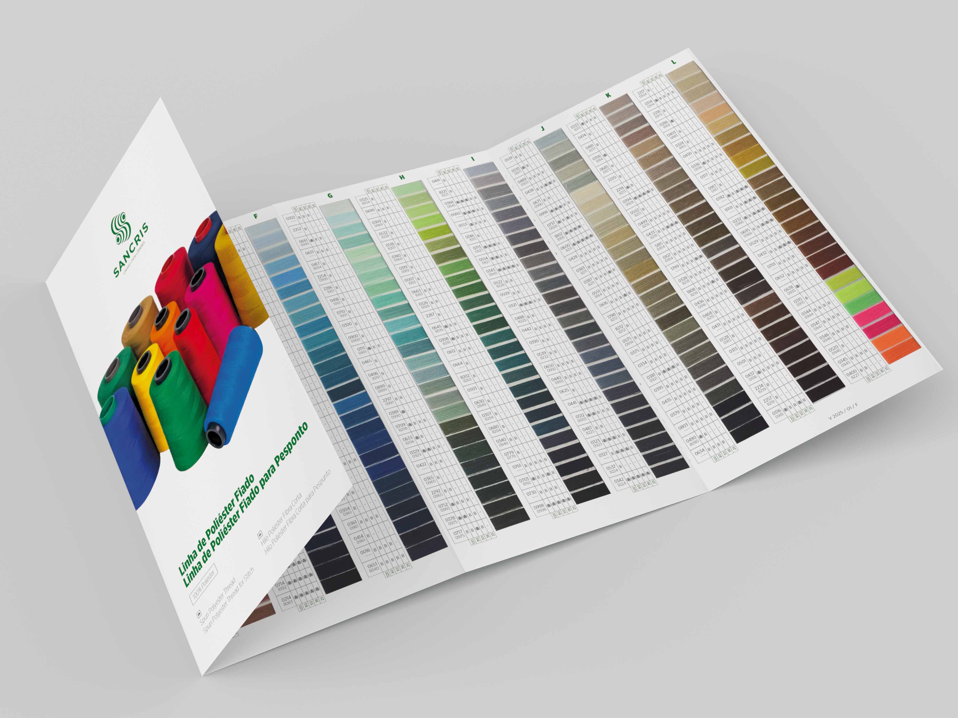 Cartela de cores para Linha de Poliéster Fiado para costura industrial (linha reta ou algodão) SANCRIS.