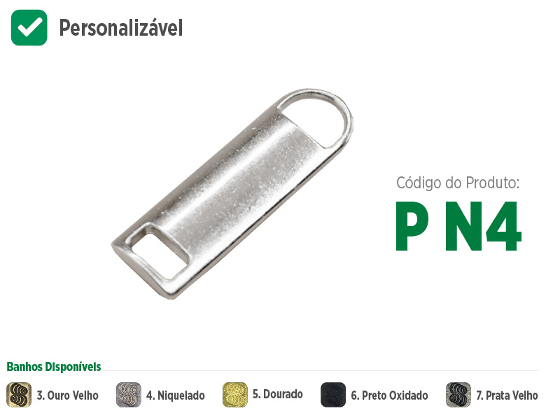 Puxador grande com orifício para zíperes metálicos, sintéticos ou plásticos. Puxador moderno, sofisticado e com opções de banho: ouro velho, niquelado, dourado, preto oxidado e prata velho. Puxador com opção de personalização, coloque sua marca ou sua logo no seu zíper.