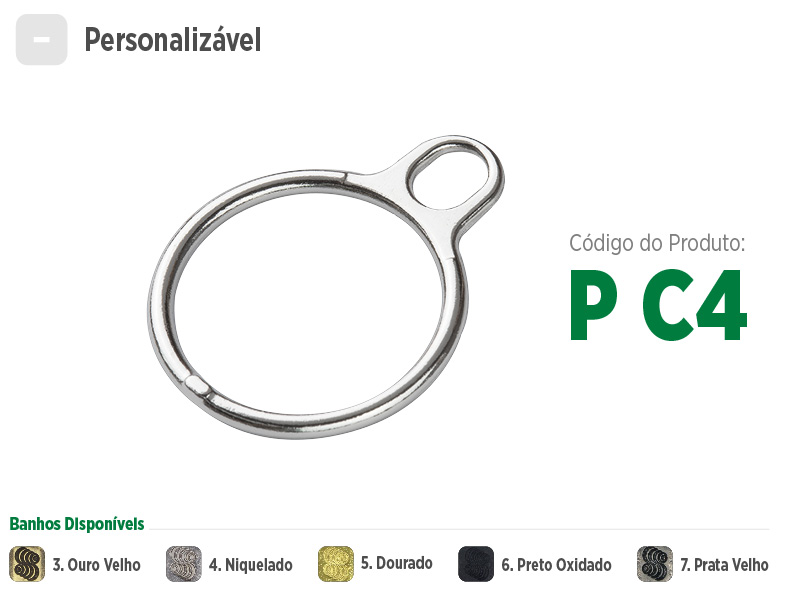 Puxador tipo argola grande para zíperes metálicos, sintéticos ou plásticos. Puxador moderno, sofisticado e com opções de banho: ouro velho, niquelado, dourado, preto oxidado e prata velho.