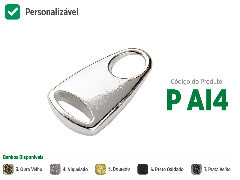 Puxador pequeno com orifício com para zíperes metálicos, sintéticos ou plásticos. Puxador moderno, sofisticado e com opções de banho: ouro velho, niquelado, dourado, preto oxidado e prata velho. Puxador com opção de personalização, coloque sua marca ou sua logo no seu zíper.