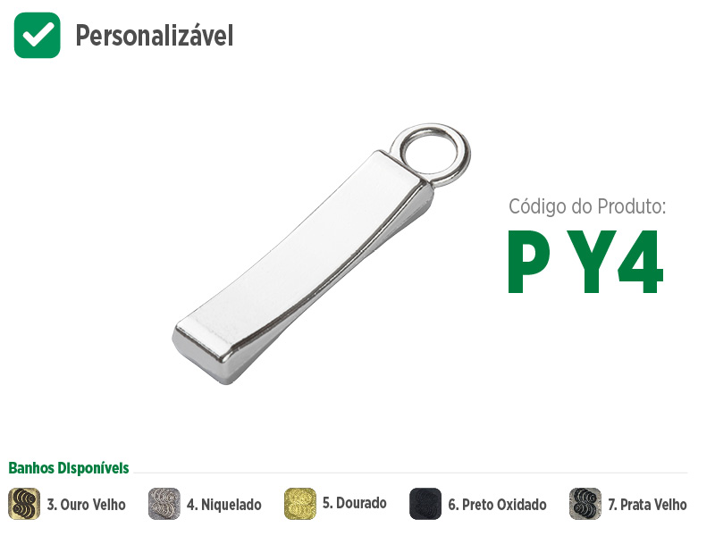 Puxador pequeno delicado para zíperes metálicos, sintéticos ou plásticos. Puxador moderno, sofisticado e com opções de banho: ouro velho, niquelado, dourado, preto oxidado e prata velho. Puxador com opção de personalização, coloque sua marca ou sua logo no seu zíper.