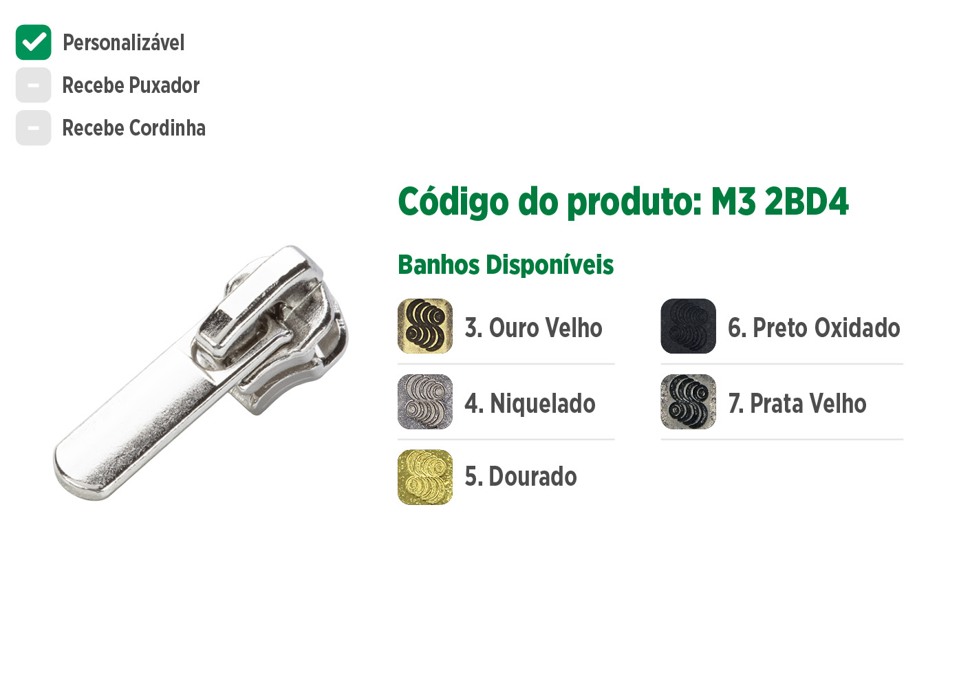 Deslizador M32BD4 SANCRIS para zíper metálico médio, zíper de braguilha, zíper de vista ou zíper decorativo.