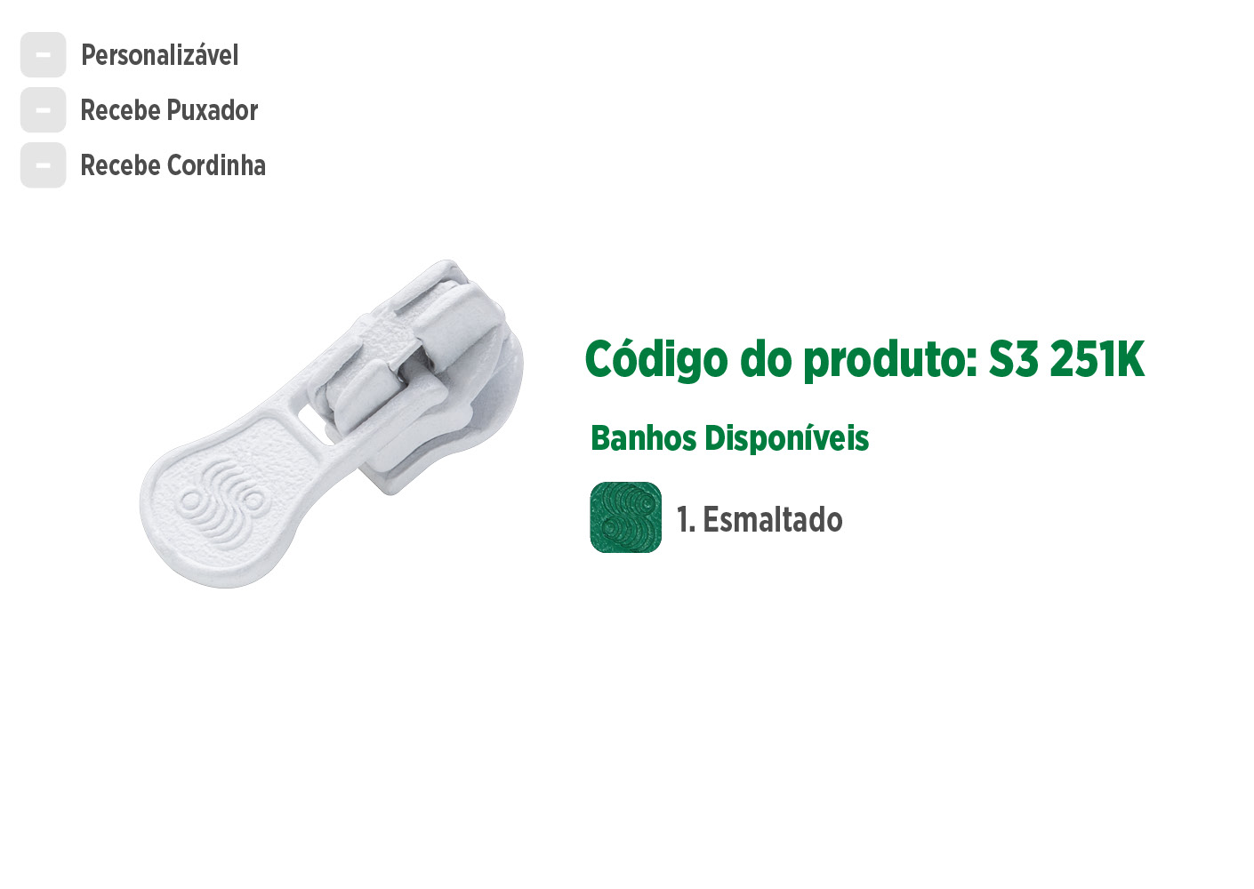 Deslizador S3251K SANCRIS para zíper sintético fino, Zíper de nylon fino, zíper comum fino, zíper simples fino.