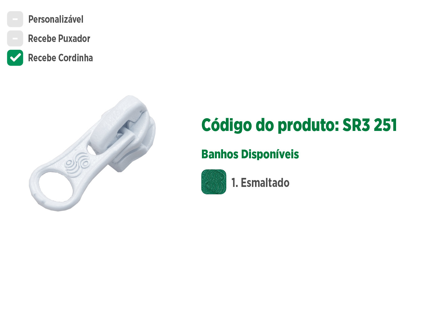 Deslizador SR3251 SANCRIS para zíper invertido fino, zíper reversível fino, zíper invisível fino.