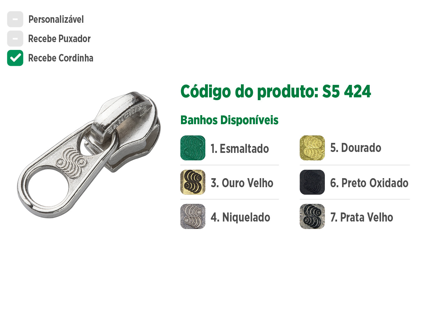 Deslizador S5424 SANCRIS para zíper sintético grosso, zíper de nylon grosso, zíper comum grosso, zíper simples grosso.