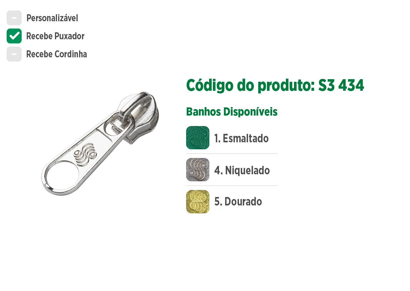 Deslizador S3434 SANCRIS para zíper sintético fino, Zíper de nylon fino, zíper comum fino, zíper simples fino.