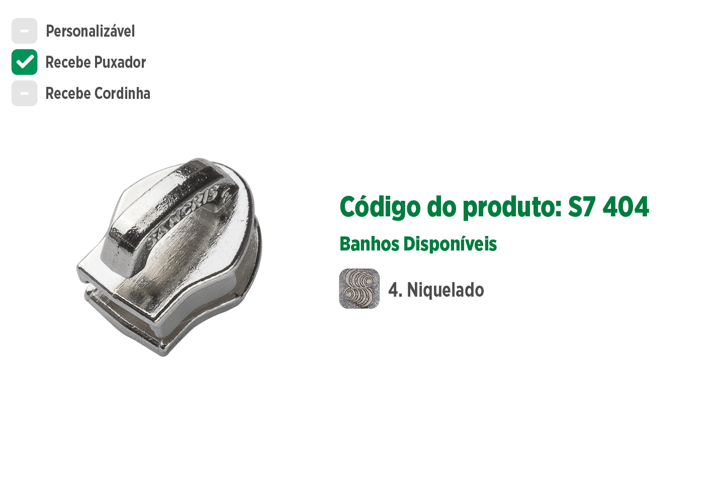 Deslizador S7404 SANCRIS para zíper sintético grosso, zíper de nylon grosso, zíper comum grosso, zíper simples grosso.