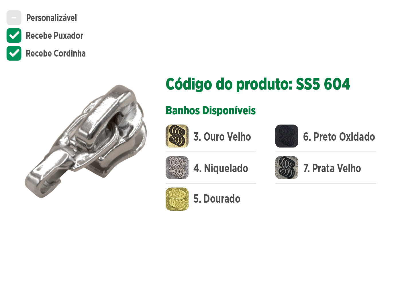 Deslizador S5604 SANCRIS para zíper sintético 5 Standard, Zíper de nylon grosso, zíper comum grosso, zíper simples grosso.