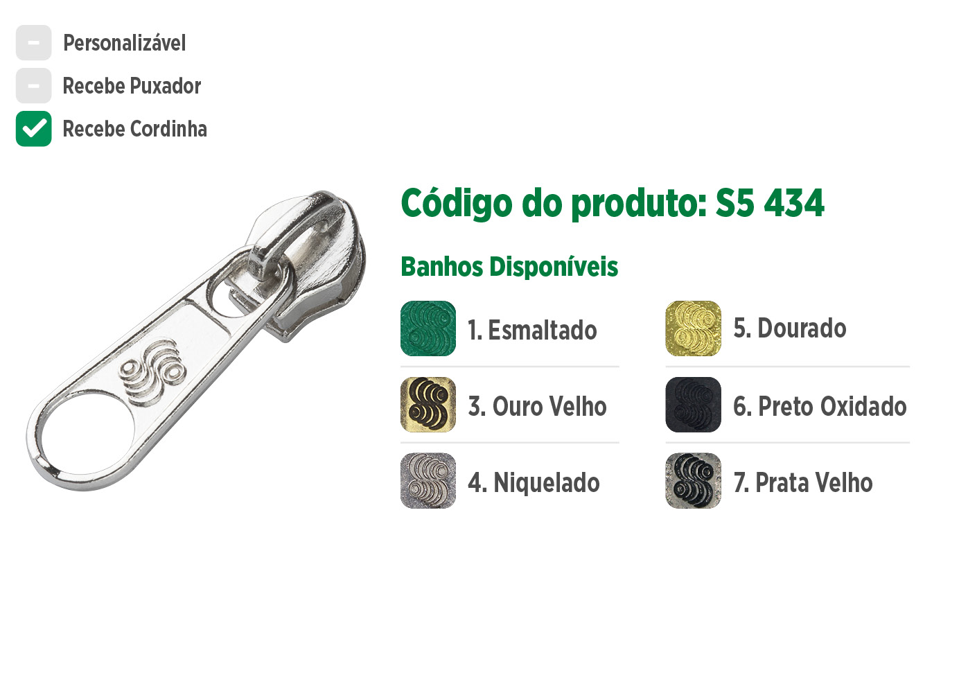 Deslizador S5434 SANCRIS para zíper sintético grosso, zíper de nylon grosso, zíper comum grosso, zíper simples grosso.