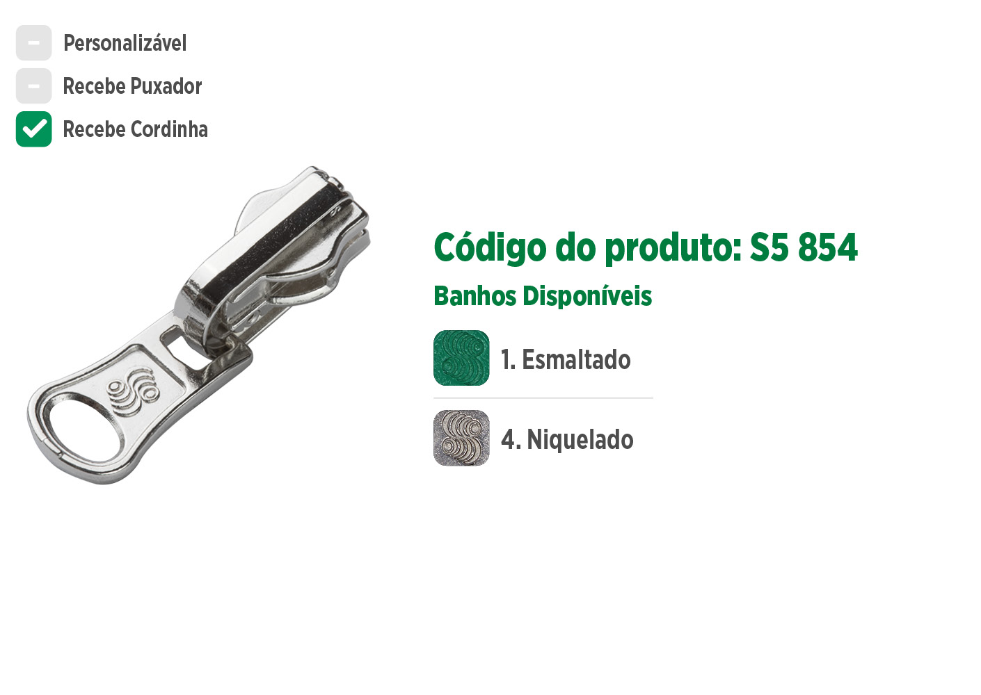 Deslizador S5854 SANCRIS para zíper sintético grosso, zíper de nylon grosso, zíper comum grosso, zíper simples grosso.