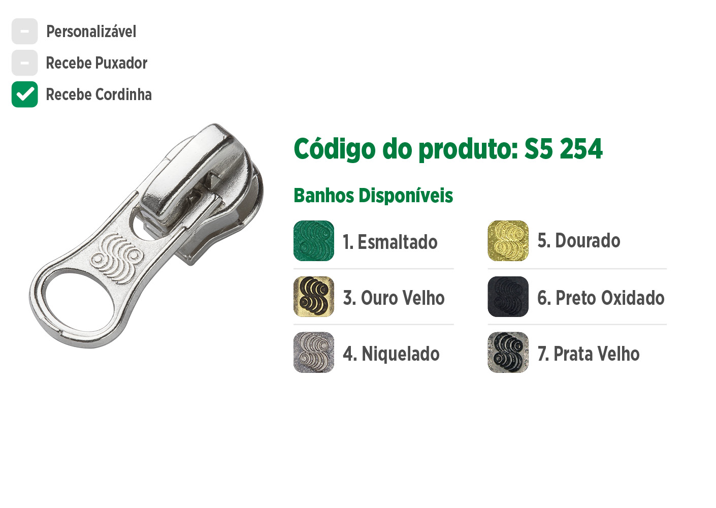 Deslizador S5254 SANCRIS para zíper sintético grosso, zíper de nylon grosso, zíper comum grosso, zíper simples grosso.