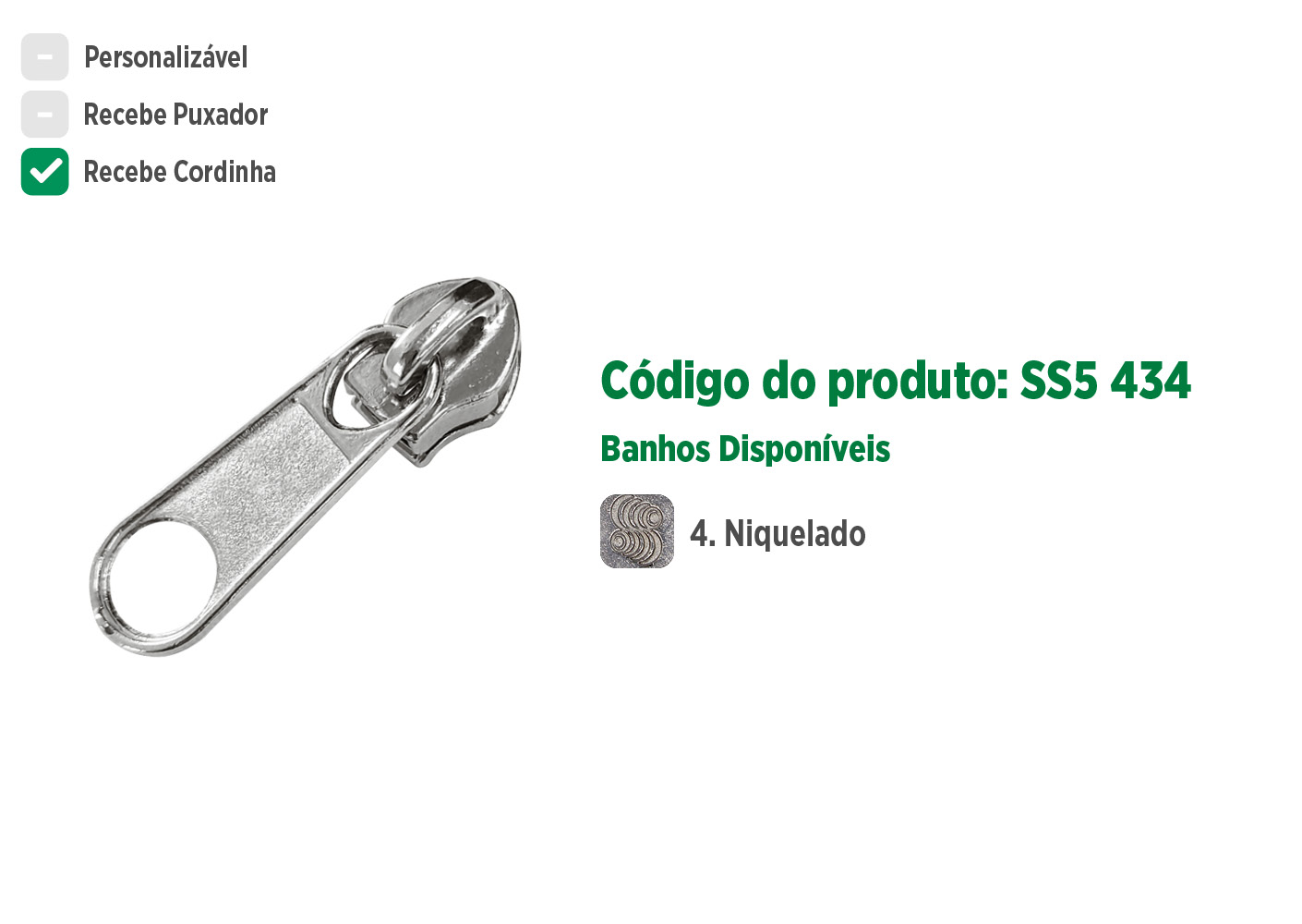 Deslizador S5434 SANCRIS para zíper sintético 5 Standard, Zíper de nylon grosso, zíper comum grosso, zíper simples grosso.