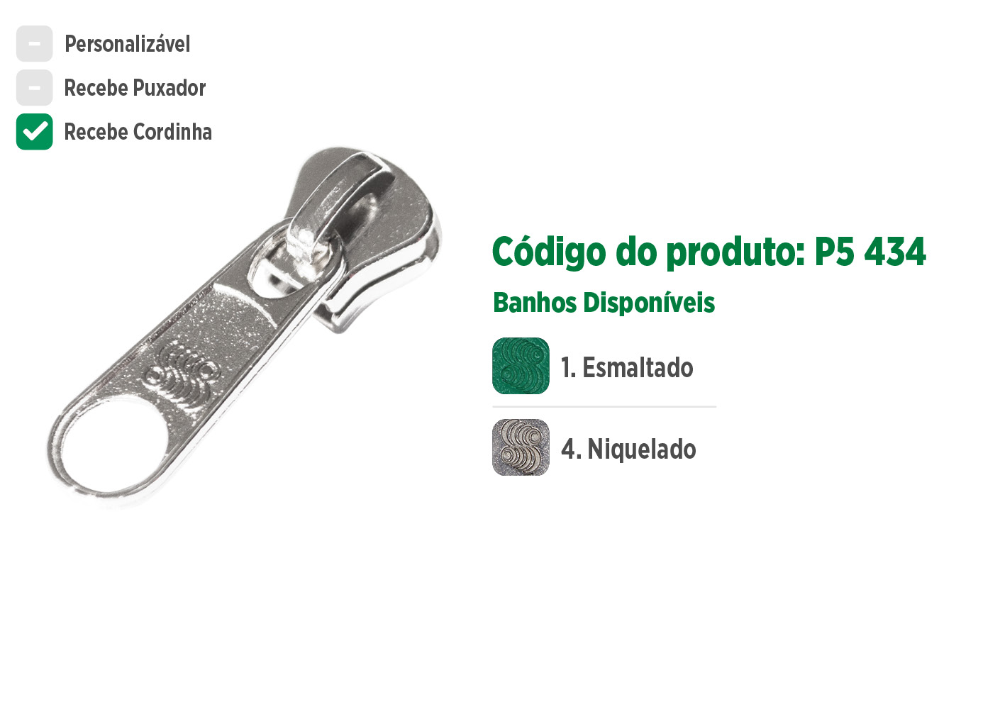 Deslizador P5434 SANCRIS para Zíper plástico grosso, zíper tratorado grosso, zíper vislon grosso, zíper dente de cachorro grosso, zíper dente de jacaré grosso.