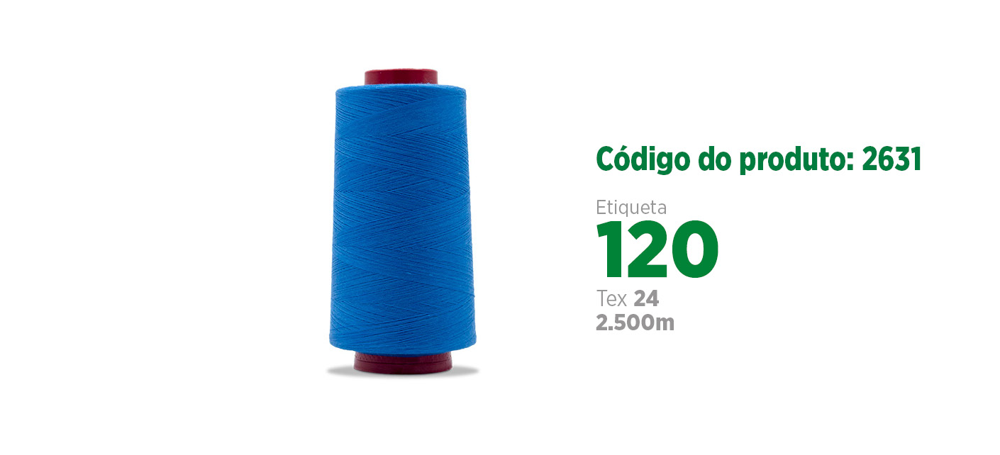 Linha Mista Core Spun para costura industrial (linha mista poliéster/algodão), etiqueta 120, tex 24, 2.5 mil metros SANCRIS.