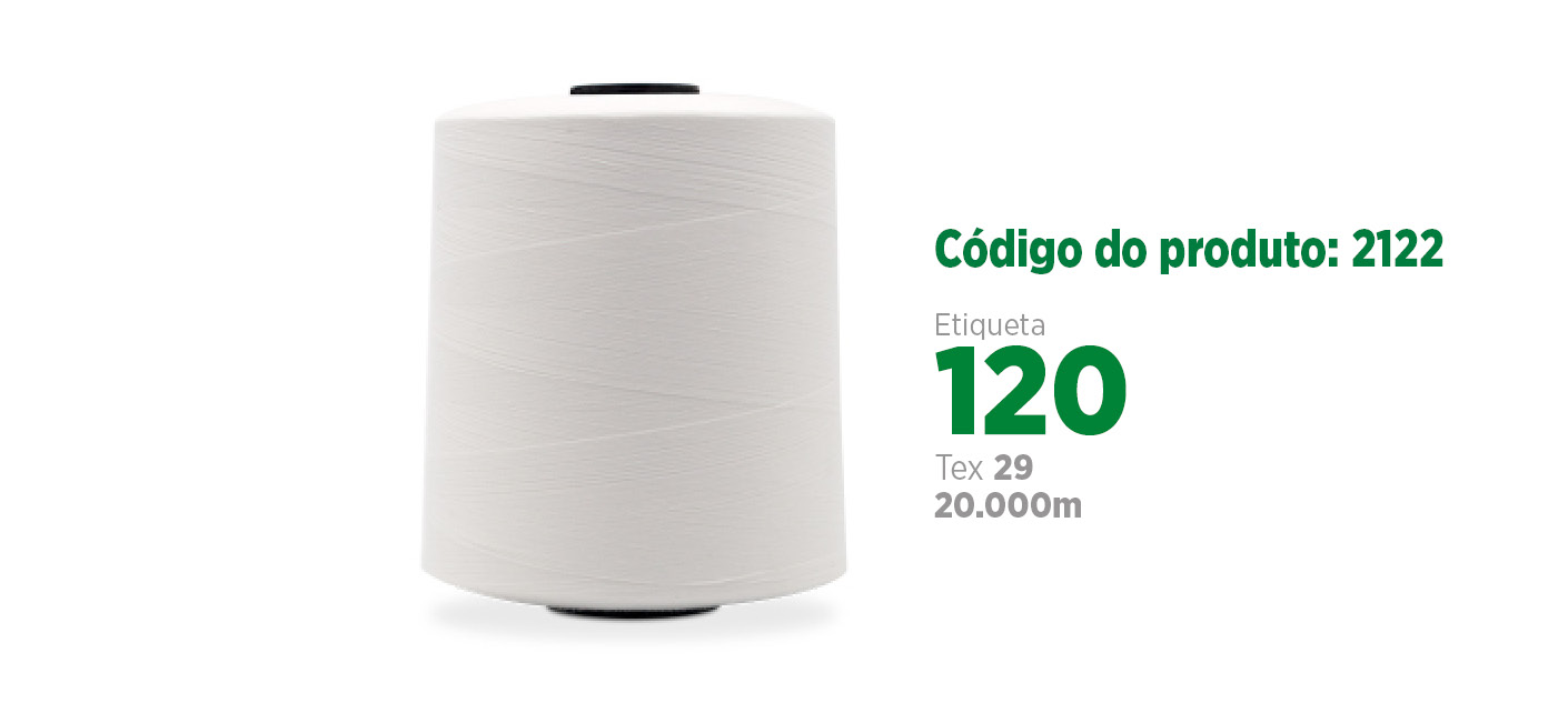 Linha de Poliéster Fiado para costura industrial (linha reta ou algodão), etiqueta 120, tex 29, 20 mil jardas SANCRIS.