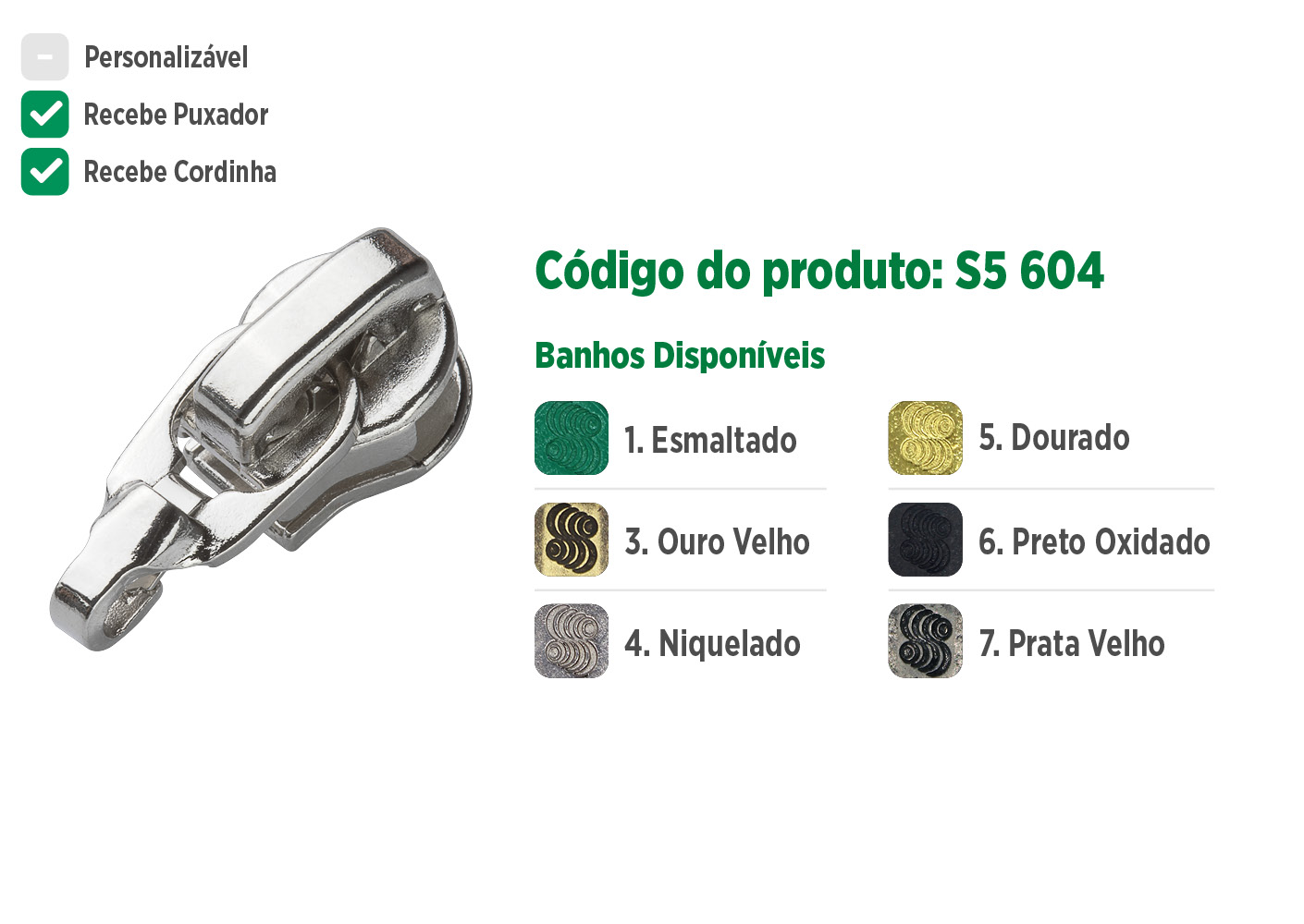 Deslizador S5604 SANCRIS para zíper sintético grosso, zíper de nylon grosso, zíper comum grosso, zíper simples grosso.