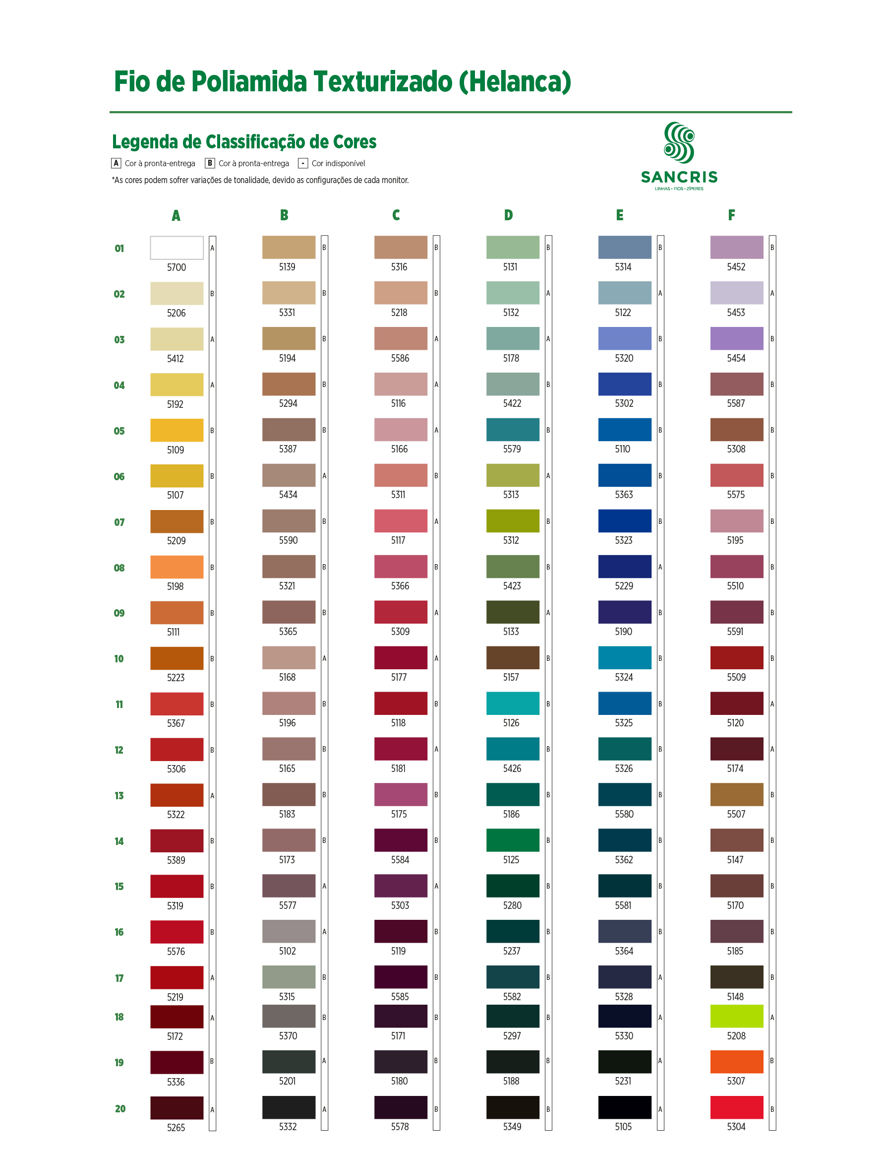 Cartela de cores digitalizada para Fio de Poliamida Texturizado (fio de helanca ou helanquinha) SANCRIS.