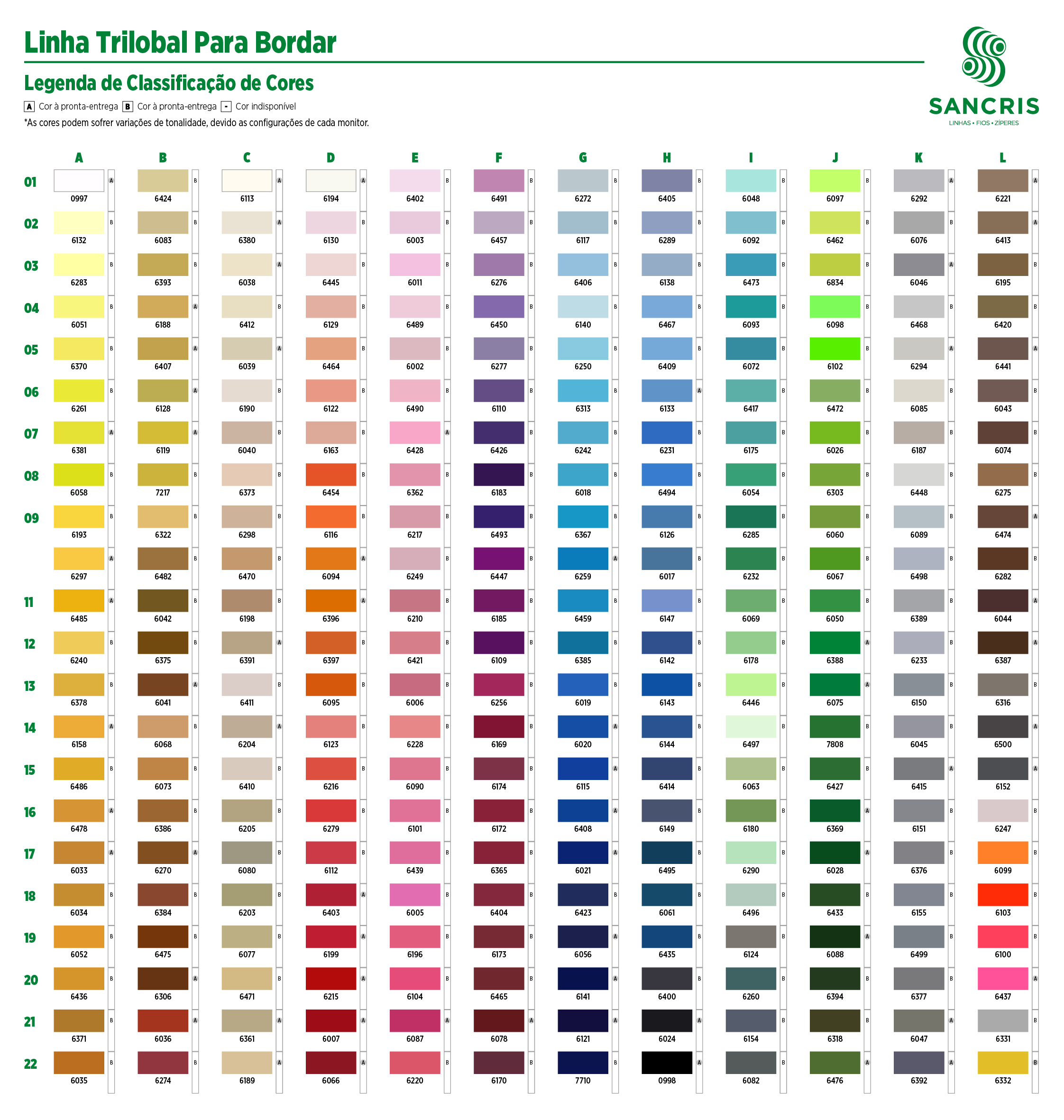 Cartela de cores digitalizada para Linha Trilobal para Bordar (linha de bordado) SANCRIS.