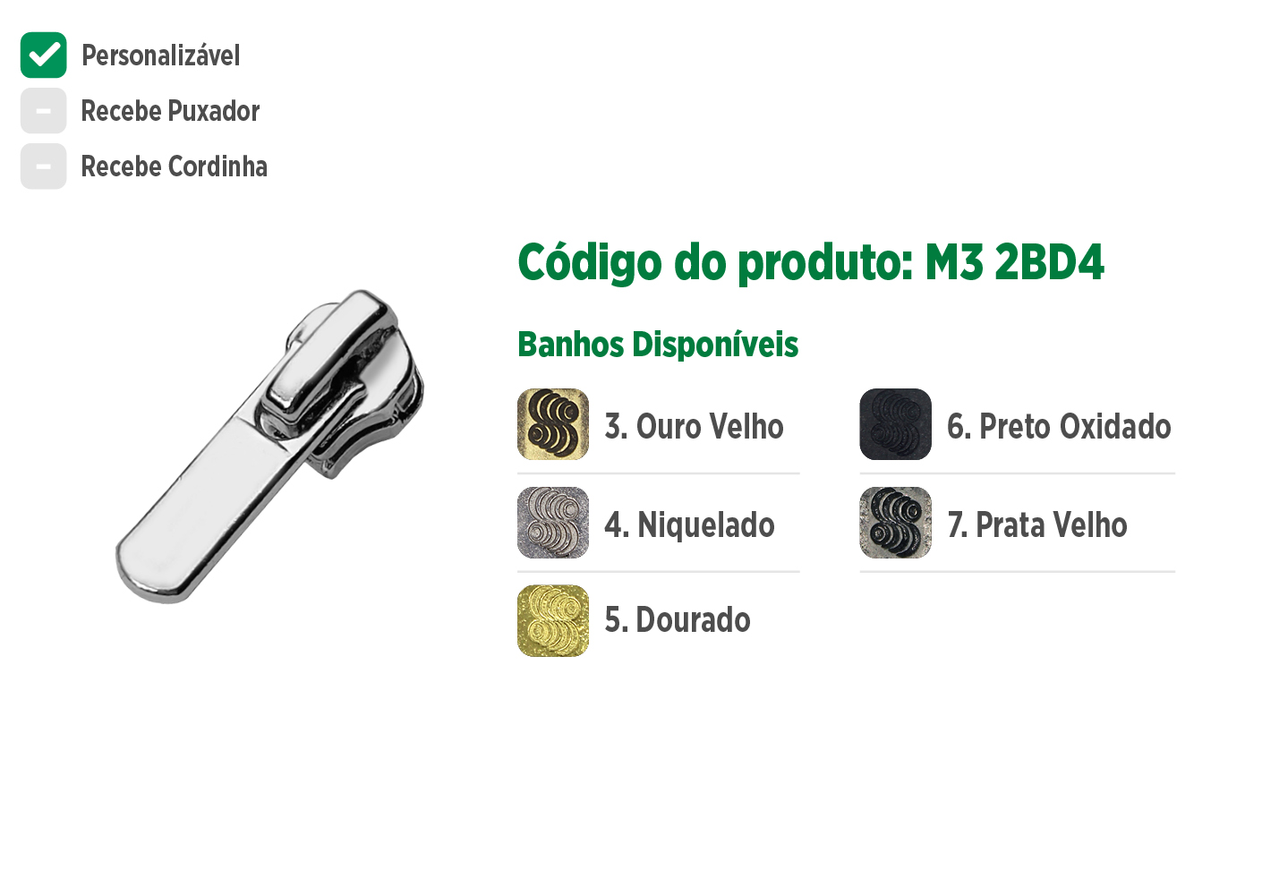 Deslizador M32BD4 SANCRIS para zíper metálico médio, zíper de braguilha, zíper de vista ou zíper decorativo.